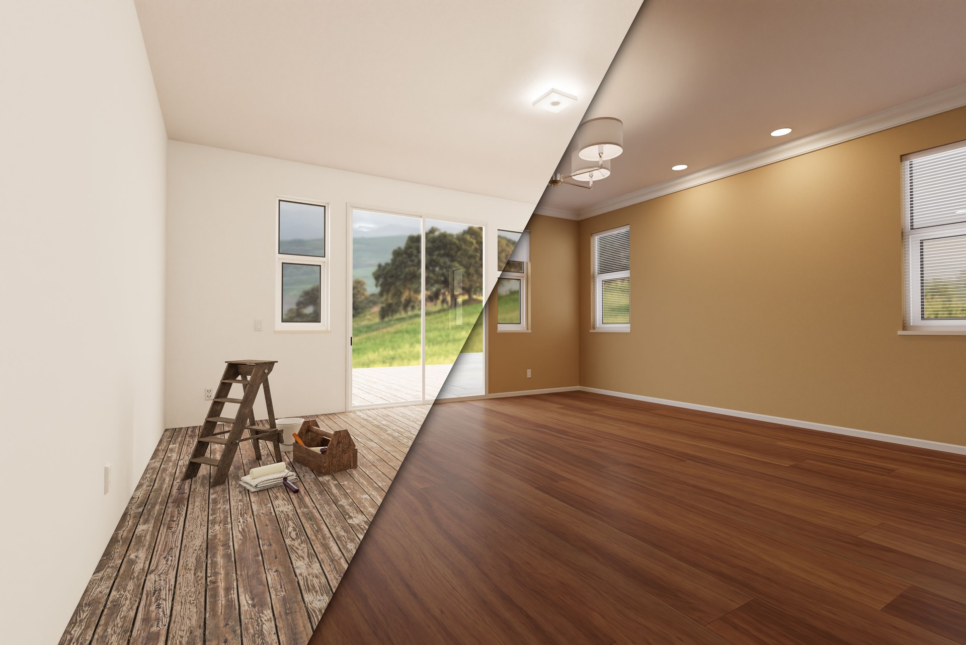 Unfinished Raw and Newly Remodeled Room of House Before and After with Wood Floors, Moulding, Tan Paint and Ceiling Lights.